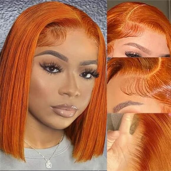 13X4 Colored # 350 Ginger Orange Glueless Bob Wig Human Hair HD Transparent main image 5